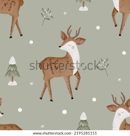 Christmas seamless pattern with cute deer on green background. Can be used for wallpaper, pattern fills, fabric, gifts. Creative Hand Drawn textures for winter holidays.