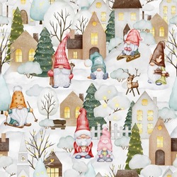Christmas Seamless Pattern With Cute Gnomes, Snow, Trees, Scandinavian Houses. Decorative Background. Hand Painted Illustrations. Winter Village. Holiday Design For Cards, Wallpaper, Scrapbooking