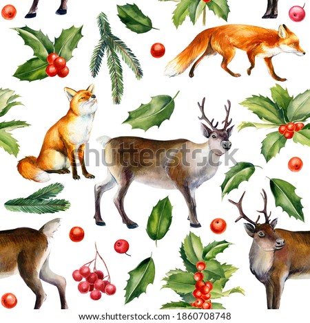 Christmas seamless pattern of deer, fox and holly, winter background, watercolor illustration, digital paper