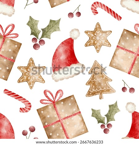 Christmas seamless pattern with festive gift and present box. Watercolor santa hat, candy cane and gingerbread cookie. Holiday decoration with holly leaf and berry.
