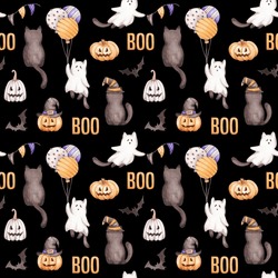 Christmas Seamless Pattern Hand Drawn By Watercolour. Halloween Cats, Pumpkins, Lettering. Isolated On Black Background. Cute Halloween Design For Textile, Fabric, Digital Paper. 