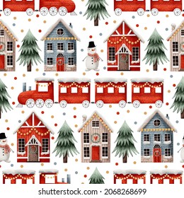 Christmas Seamless Pattern With Christmas Houses, Holiday Train, Snowman, Christmas Trees And Dots.