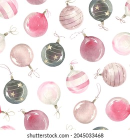 Christmas seamless pattern with pink and green balls, delicate watercolor illustration on white background for your wallpaper, textile or wrapping paper.