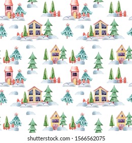 Christmas seamless pattern and christmas tree  houses white background  Simple geometric shapes retro design wallpaper  wrapping paper  Celebration new year pattern 