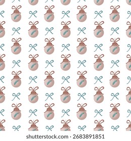 Christmas seamless pattern. White background with beige balls and teal bows. Hand drawn illustration, design for textil and packaging
