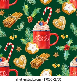 Christmas Seamless Watercolor Pattern. Tasty Set Of Christmas Drinks And Sweets. Watercolor Illustration Of Cup Of Hot Chocolate, Cookies, Cinnamon And Gingerbread. Watercolor Christmas Cocoa Drink