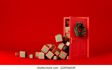 Christmas seasonal background. Presents and gifts flowing from a red door. 3D Rendering. 3D Illustration - Powered by Shutterstock