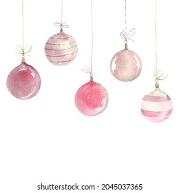 Christmas Set Of Hanging Glass Balls Pink And Purple Colors, Delicate Watercolor Illustration Isolated On White Background For Your Design Card, Banner Or Wallpaper, Hand Painting Collection.