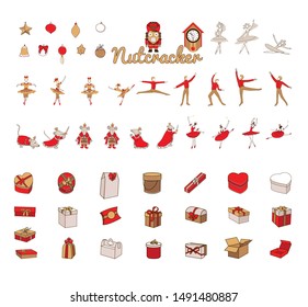 Christmas set with nutcracker, princess, Mouse King, sugar plum fairy, winter fairy, Vintage clock,gift boxes, toys. Holiday collection with cute cartoon characters.