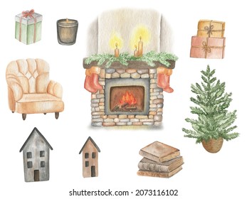 Christmas Set Of Watercolor Fireplace Elements.