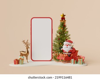 Christmas shopping online on mobile concept, Blank screen mobile with Santa Claus, Christmas tree and decoration on snow ground, 3d illustration - Powered by Shutterstock