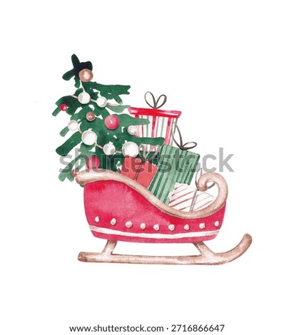 Christmas sleigh with tree, present boxes hand drawn by watercolor. Xmas illustration for greeting card, banner, invitation. Isolated on a white. Festive Christmas design