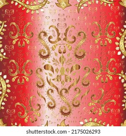 Christmas, snowflake, new year.  vintage pattern on beige, pink and red colors with golden elements. Golden seamless pattern on beige, pink and red colors with golden elements.
