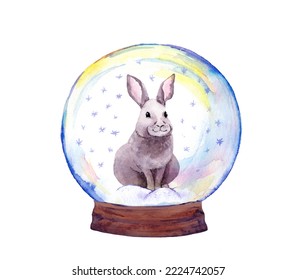 Christmas Snowglobe With Rabbit Animal. Watercolor Glass Snow Ball With Cute Hare. Water Paint With Adorable Bunny In Transparent Globe 
