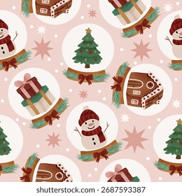 Christmas snowglobe seamless pattern featuring snowman tree gingerbread house and gift box with pink pastel background perfect for festive winter holiday crafts and projects - Powered by Shutterstock - Get 15% off with code: PIKWIZARD15