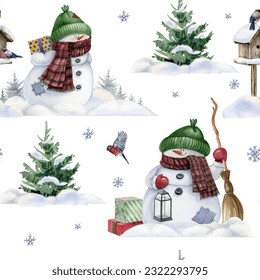 Christmas snowman seamless pattern, gift box,Christmas tree, bird,snow, bird house,winter landscape on white background.  Traditional vintage style gift wrap design.Hand-drawn watercolor digital paper - Powered by Shutterstock