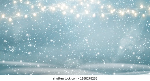 Christmas, Snowy Landscape With Light Garlands, Falling Snow, Snowflakes, Snowdrift. Happy New Year. Holiday Winter Landscape For Merry Christmas. Winter Background. Christmas Scene. Vector.