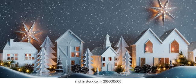 Christmas snowy night with white paper houses and fir tree decoration 3D Rendering, 3D Illustration - Powered by Shutterstock