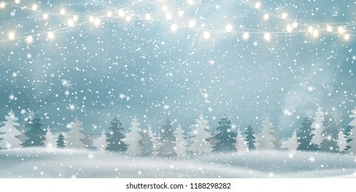 Christmas, Snowy Woodland landscape. Winter background. Holiday winter landscape for Merry Christmas with firs, coniferous forest, light garlands, snow, snowflakes. Christmas scene. Happy new year - Powered by Shutterstock