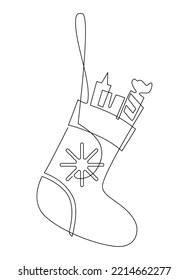 Christmas Sock With Gifts. A Simple Pattern For Window Dressing Or Postcards. Continuous Line Drawing Illustration