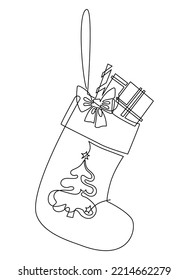 Christmas Sock With Gifts. A Simple Pattern For Window Dressing Or Postcards. Continuous Line Drawing Illustration