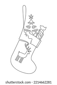 Christmas Sock With Gifts. A Simple Pattern For Window Dressing Or Postcards. Continuous Line Drawing Illustration