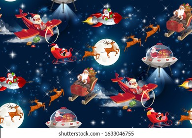 Christmas in space.seamless pattern. noel illustration. Santa Claus,deer,galaxy,moon.