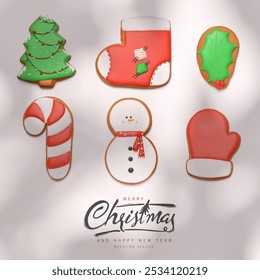 Christmas square visual with cookies such as gingerbread man, christmas glove, cane, boot, tree as cookies. Festive text wishing Merry Christmas on a white background with a shadow on top. - Powered by Shutterstock