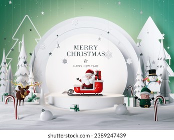 Christmas stage with Christmas symbols. Santa Claus with Elf and Snowman on white background. 3D Rendering, 3D Illustration, Hand made illustration - Powered by Shutterstock