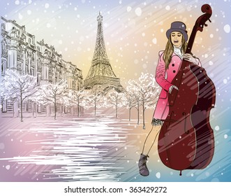  Christmas Street Performer In A Paris. Raster Version 