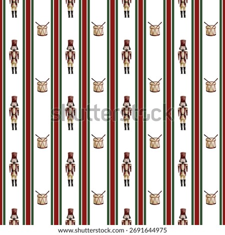 Christmas striped pattern with watercolor nutcracker and drums