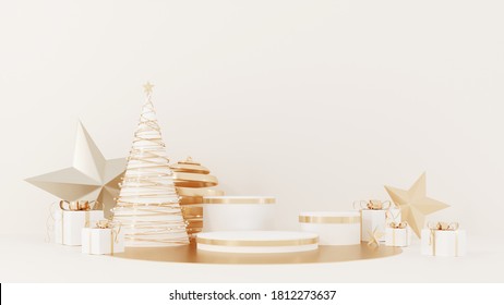 Christmas studio interior with gold platform, toys. Stand, podium, pedestal for goods, shop windows and magazines.New Year greeting card, poster, banner with red gift boxes, presents - 3D, render.  - Powered by Shutterstock