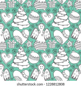 Christmas Symbols Gingerbread Angel, Christmas Tree, Toy,  Ball,  Heart, Gift, Star And Snowflakes Hand Drawn Liner Sketch Doodle Graphics Seamless Pattern. Perfect For Wrapping Paper, Greeting Cards