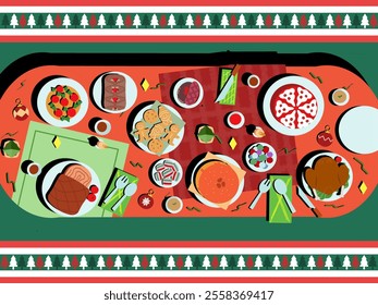 christmas table with food, dinner, cake, gingerbread, beer, candy cane. turkey, salmon, sweet. christmas food vector, illustration, drawing, design, concept, background, dinner, artwork, pattern. - Powered by Shutterstock