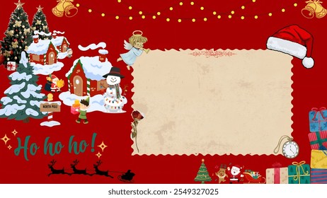 Christmas template and Christmas greeting card with decoration background of snowy village and santa sleigh. gifts and bells. space for writing letter or greetings. - Powered by Shutterstock