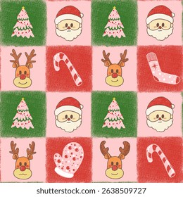 Christmas theme seamless pattern. The pattern consist of Santa Claus, reindeer, Christmas tree, candy, shock, and gloves illustration. This pattern brings lovely and happy vibes.