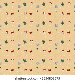 Christmas themed seamless pattern with elements such as Santa hats, bells, gifts, mugs, ribbons, holly leaves and snow on a beige background. Suitable for wallpaper, fabric, wrapping paper or seasonal