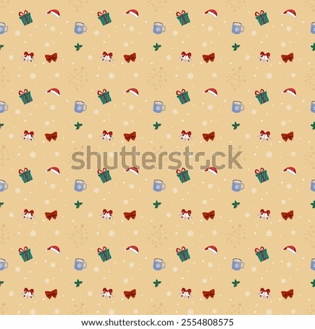 Christmas themed seamless pattern with elements such as Santa hats, bells, gifts, mugs, ribbons, holly leaves and snow on a beige background. Suitable for wallpaper, fabric, wrapping paper or seasonal