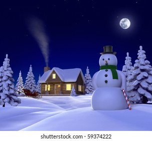 A Christmas Themed Snow  Scene Showing Snowman, Cabin And Snow Sleigh At Night