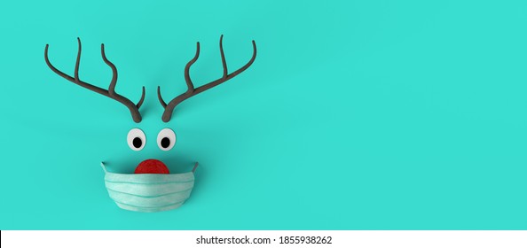 Christmas toy abstract reindeer banner with surgical mask. 3d illustration. Safe Christmas. Copy space. - Powered by Shutterstock