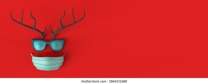 Christmas toy abstract reindeer banner with surgical mask. 3d illustration. Safe Christmas. Copy space. - Powered by Shutterstock