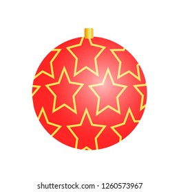 Christmas toy of round shape with pattern of golden stars, decorational element put on evergreen pine tree, raster illustration isolated on white