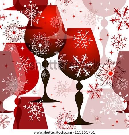 Christmas translucent seamless pattern with red wine glasses and filigree snowflakes.