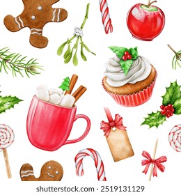 Christmas treats seamless pattern. Watercolor vintage style illustration. Hand drawn cupcake, gingerbread man cookie, candy cane and hot chocolate in mug. Traditional winter time dessert elements - Powered by Shutterstock