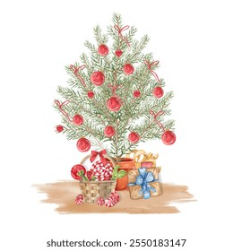 Christmas tree adorned with red ornaments, surrounded by wrapped gifts and a basket of holiday treats. Watercolor illustration in a festive and cozy style. Perfect for invitations, and gift designs - Powered by Shutterstock