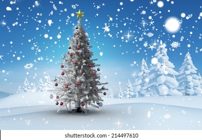 Christmas tree against snowy landscape with fir trees ภาพประกอบสต็อก