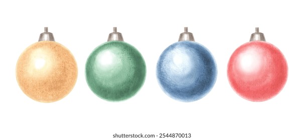 Christmas tree balls, lamps for garland. Set of New Year's festive house decorations. Hand drawn watercolor illustration isolated. Winter holiday clipart. Template for card, print, wrapping, sticker. - Powered by Shutterstock