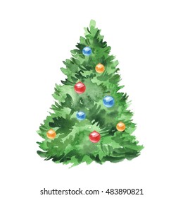 Christmas tree and balls. Watercolor painting. Isolated on white background