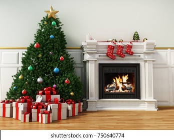 Christmas tree beside burning fireplace. 3D illustration. - Powered by Shutterstock