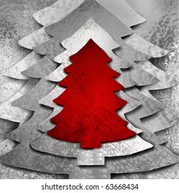Christmas Tree Or Black And White Monochrome Background With Bright Red Christmas Tree Cut Out